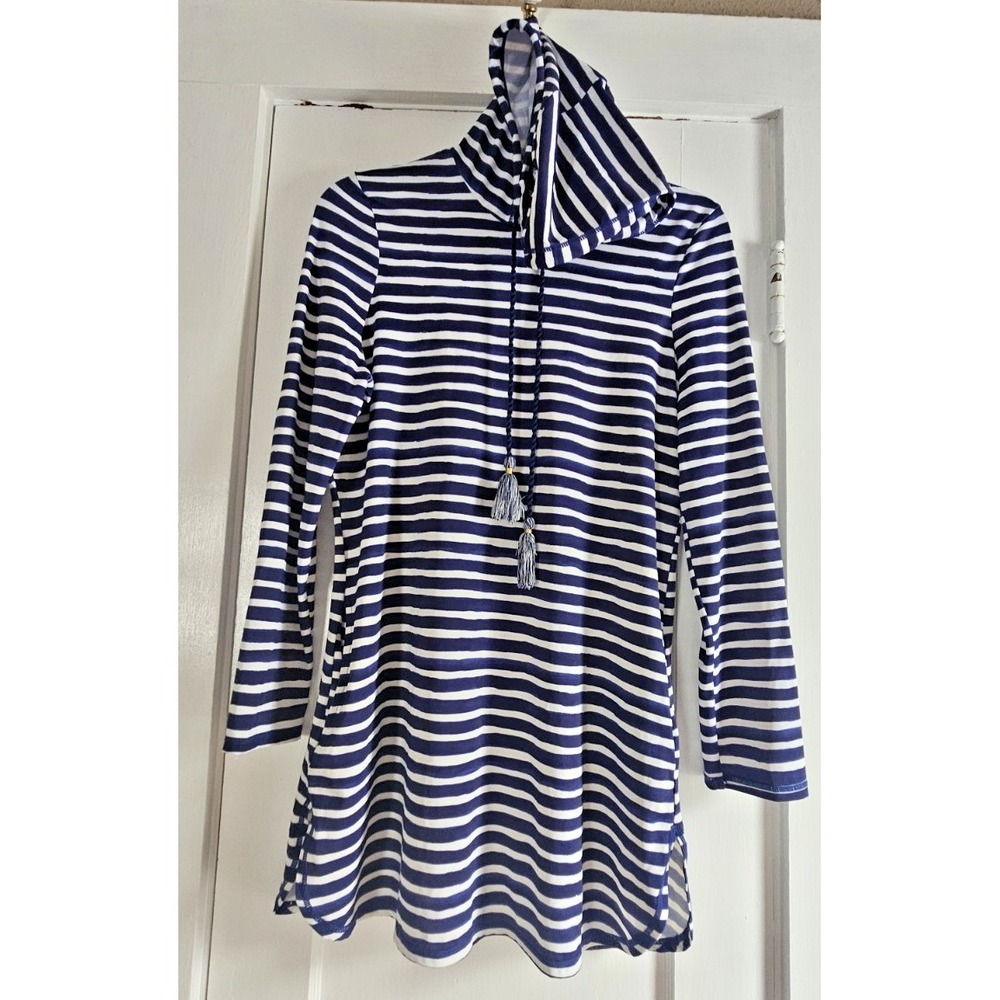 AQUA et SOL striped swim Sun dress w/ hood long sleeves UPF 50 womans L